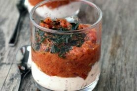 Verrines mousse de jambon et pesto de tomates confites au Thermomix
