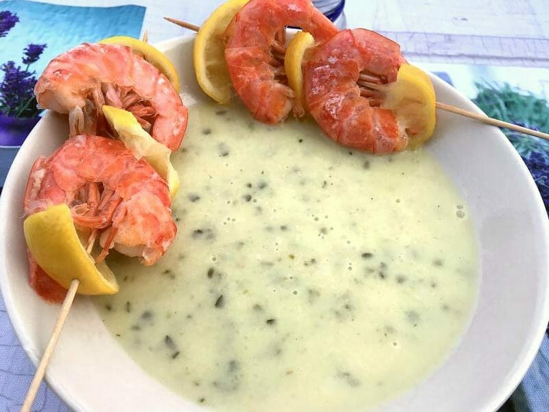 Soupe de concombre et crevettes marinées au citron au Thermomix