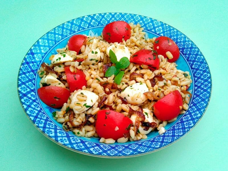 Salade d’ebly, oignon caramélisé & mozzarella au Thermomix