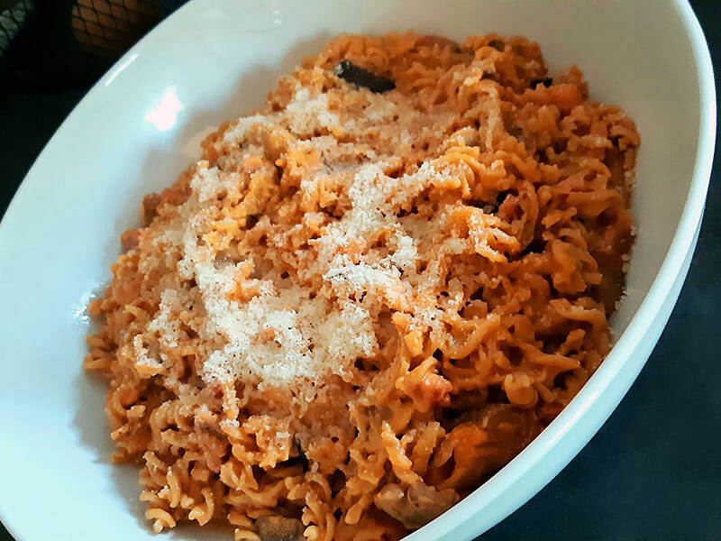 One pot pasta aubergines, lardons et champignons au Thermomix