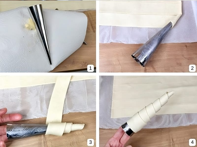 Graisser et rouler les bandes sur les moules à cornet