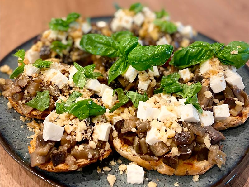 Brushetta aubergines, chèvre et noix au Thermomix