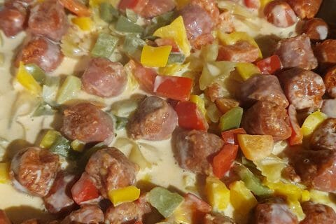 Cliquez pour zoomer ! Gratin de torsades aux merguez Thermomix par nakrel972