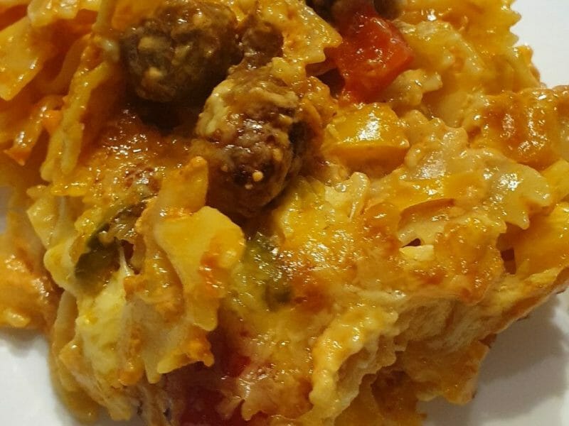 Cliquez pour zoomer ! Gratin de torsades aux merguez Thermomix par nakrel972