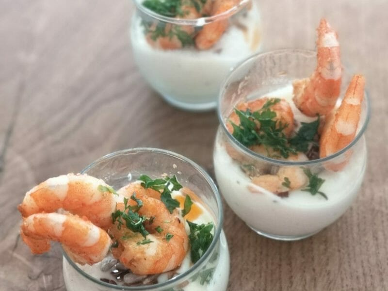 Cliquez pour zoomer ! Verrine de mousse de chou-fleur et crevettes Thermomix par cato