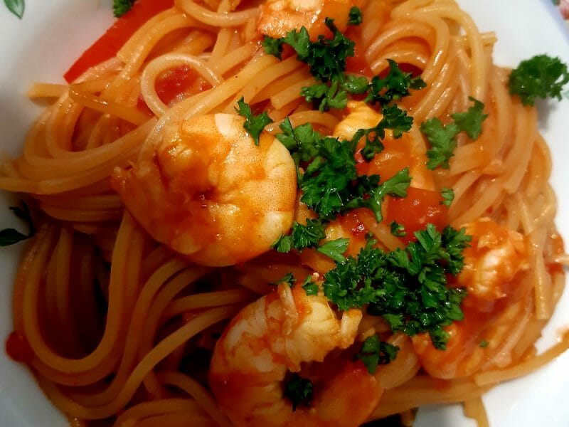 Cliquez pour zoomer ! Spaghettis aux crevettes et à l’ail Thermomix par juju19chp