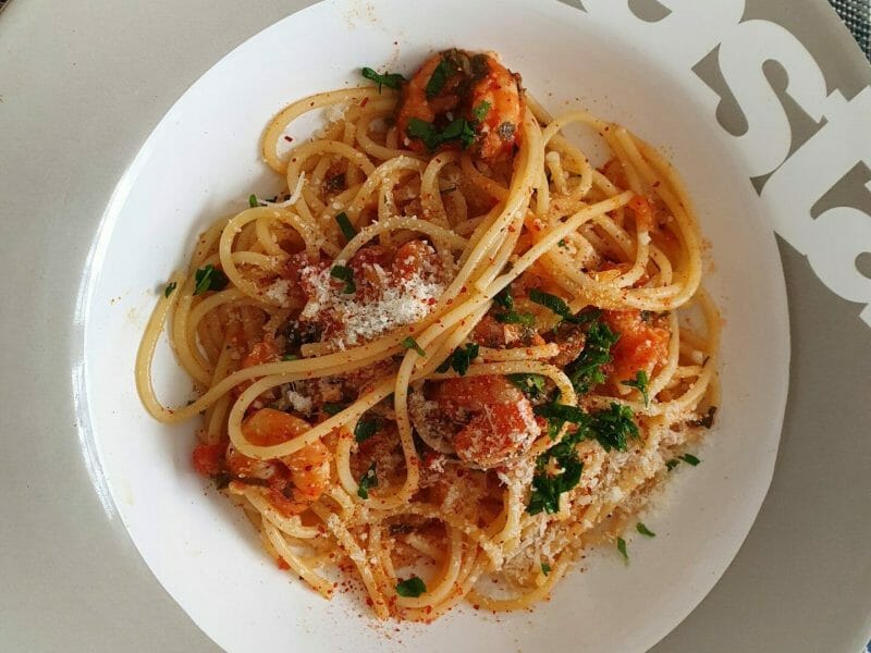 Cliquez pour zoomer ! Spaghettis aux crevettes et à l’ail Thermomix par imane94