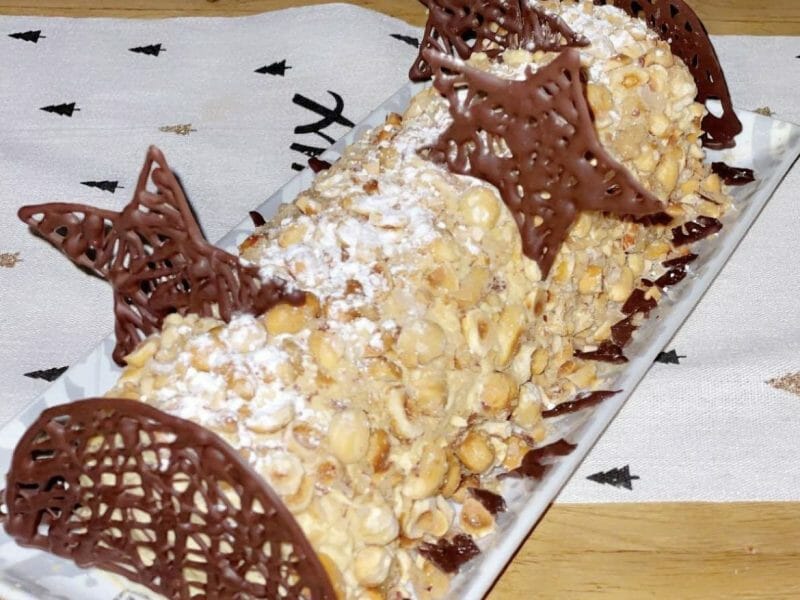 Cliquez pour zoomer ! Bûche pralinée aux éclats de noisettes caramélisés Thermomix par Tony et Ludi