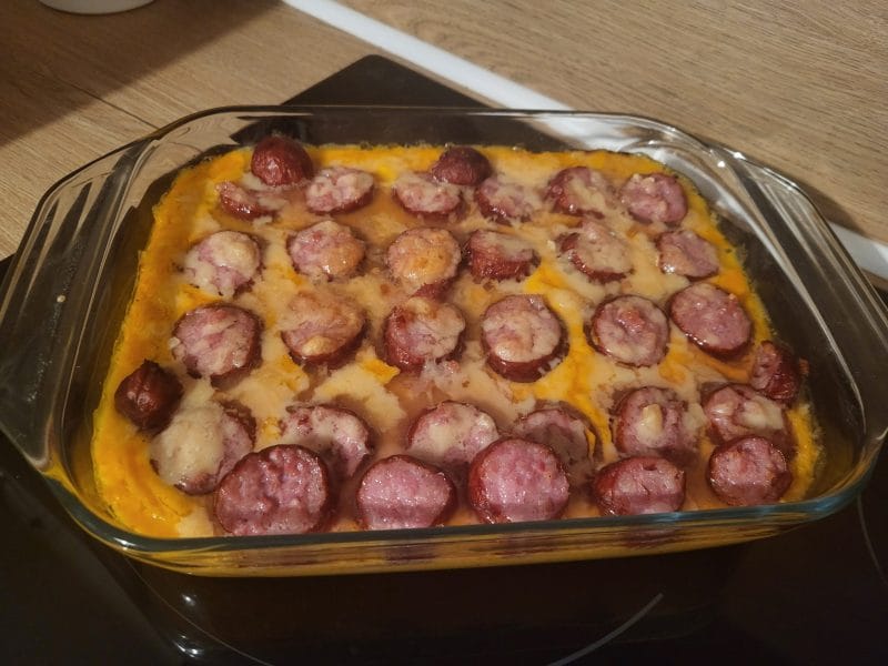 Cliquez pour zoomer ! Gratin de butternut à la saucisse de Montbéliard Thermomix par lolottelacompote