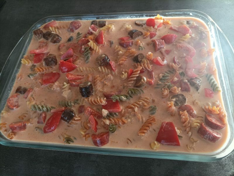 Cliquez pour zoomer ! Gratin de torsades aux merguez Thermomix par vimomix67